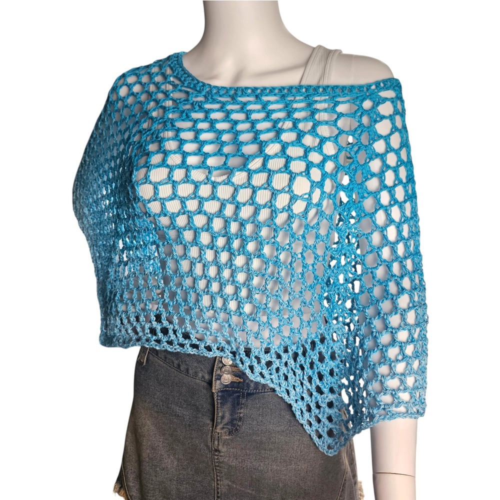 Handmade Crochet Shawl Women Teal Ombre Cotton Boho Poncho - Picture 10 of 12